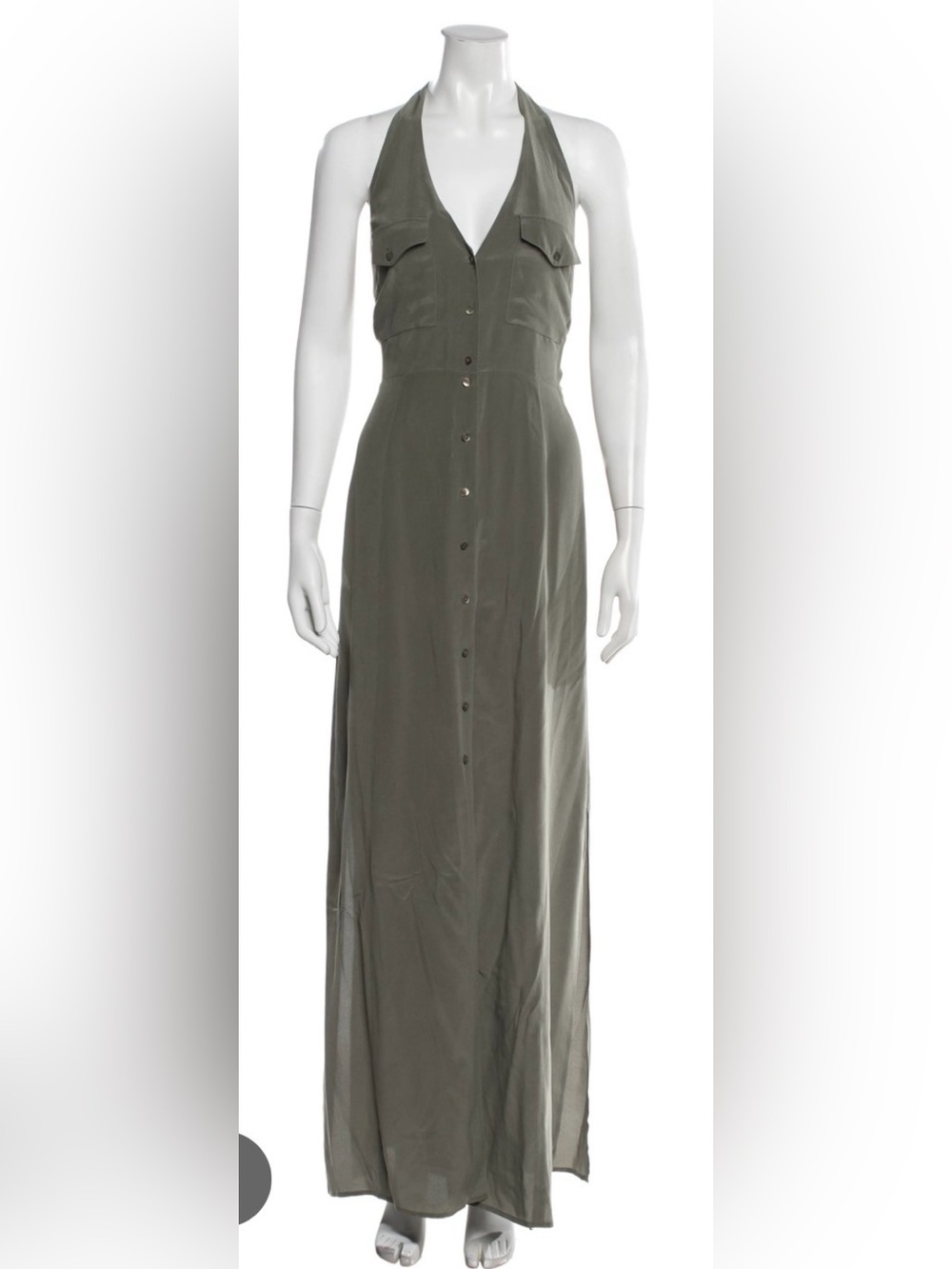 L’AGENCE XS Olive Green Silk Halter Button Front Maxi Dress Cargo Pockets
